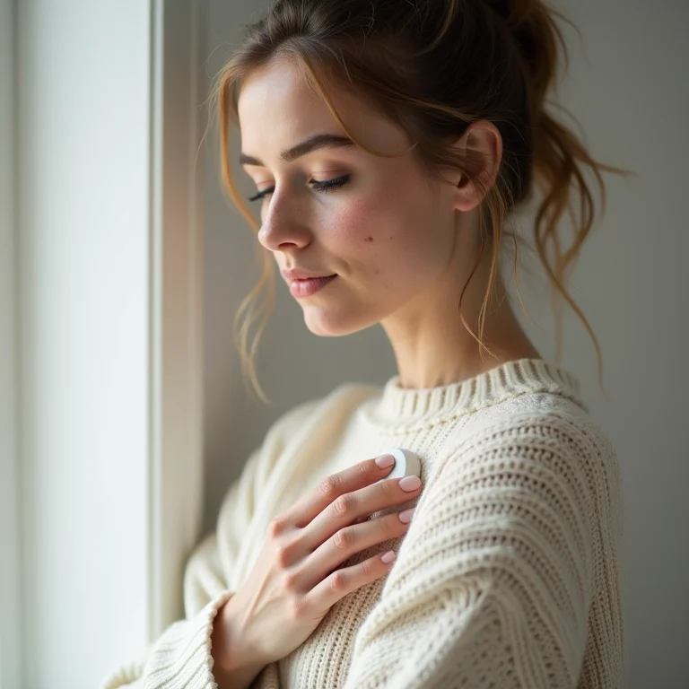 Mulher branca remove bolinhas de lã com pedra pomes.