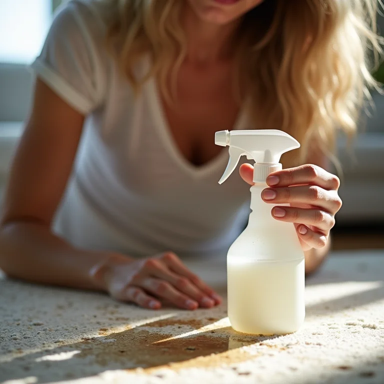 Mulher branca removendo mancha de tapete com vinagre branco