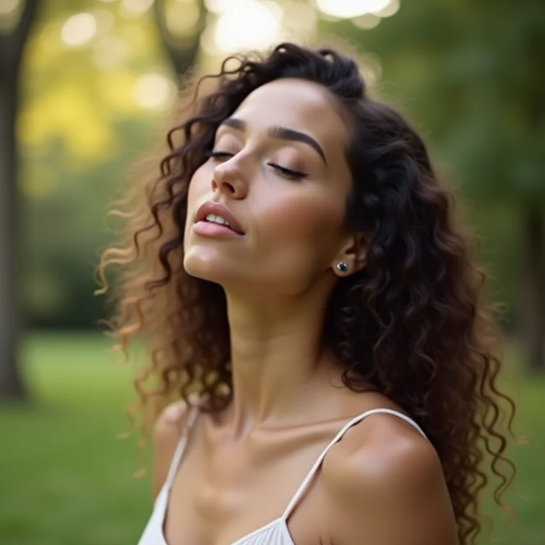 Mulher branca respirando ar puro em parque após parar de fumar.