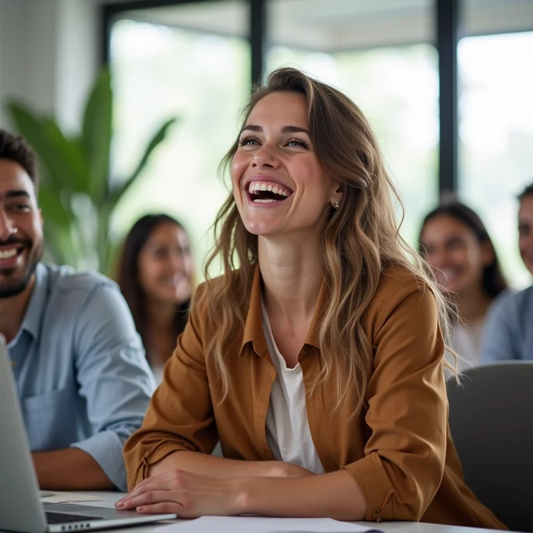 Mulher branca rindo com colegas no escritório