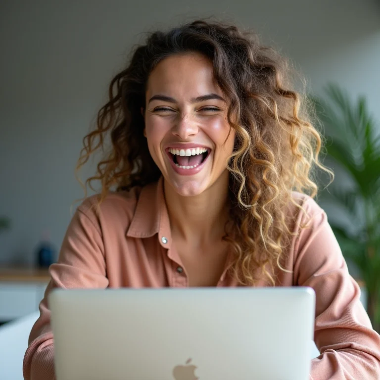 Mulher branca rindo durante uma videoconferência online