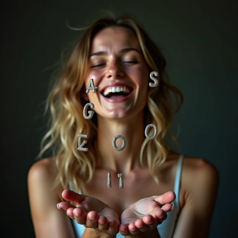 Mulher branca rindo enquanto manipula diferentes caracteres para senha