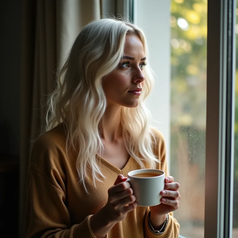 Mulher branca segurando uma xícara de chá de Pata de Vaca, olhando pensativa pela janela.
