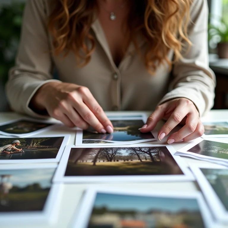 Mulher branca separando fotos.