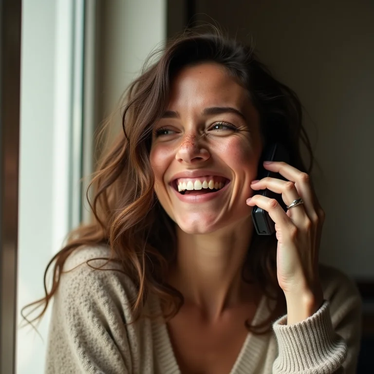 Mulher branca sorrindo ao telefone.