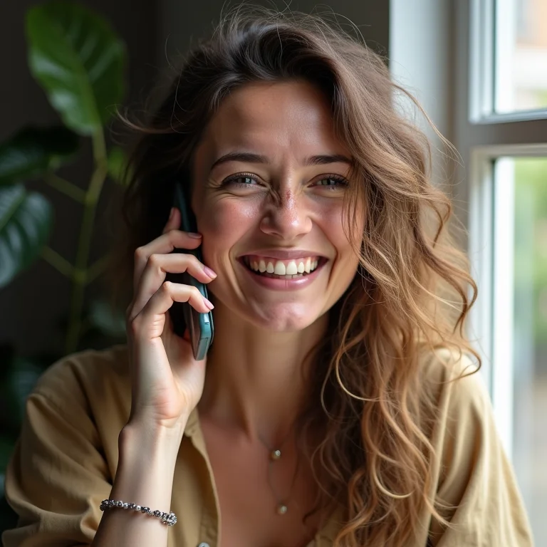Mulher branca sorrindo ao telefone.