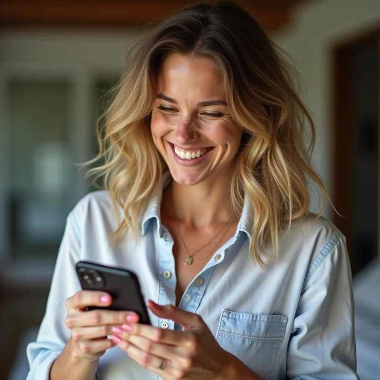Mulher branca sorrindo ao usar um smartphone para fazer uma transferência TED.