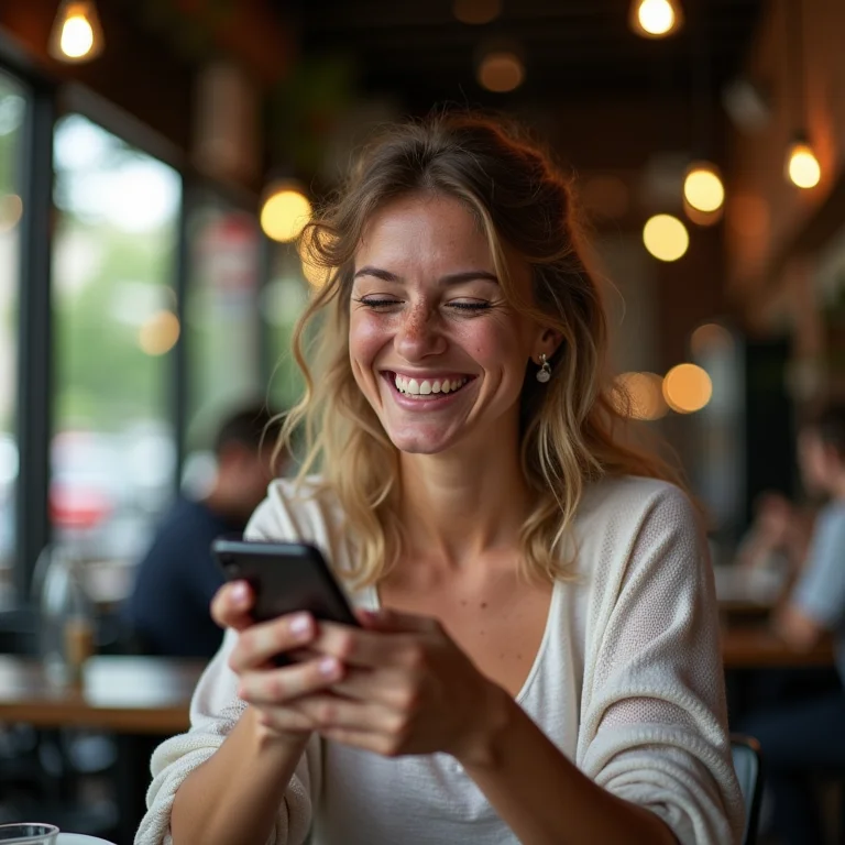 Mulher branca sorrindo ao verificar seus pontos de fidelidade no app da Localiza.