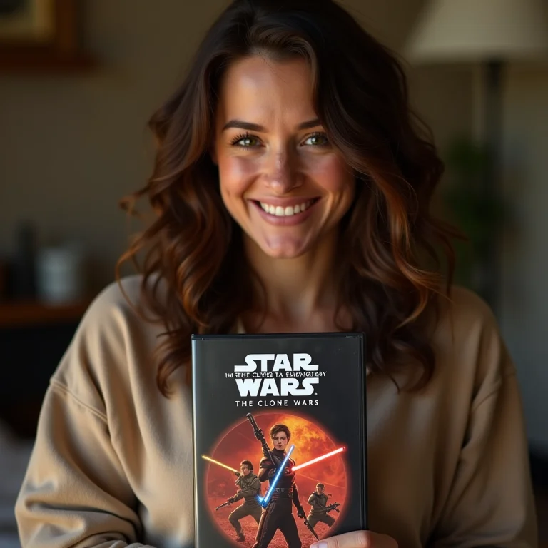 Mulher branca sorrindo com DVD de The Clone Wars.
