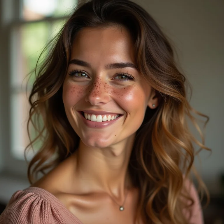 Mulher branca sorrindo durante entrevista sobre moda sustentável