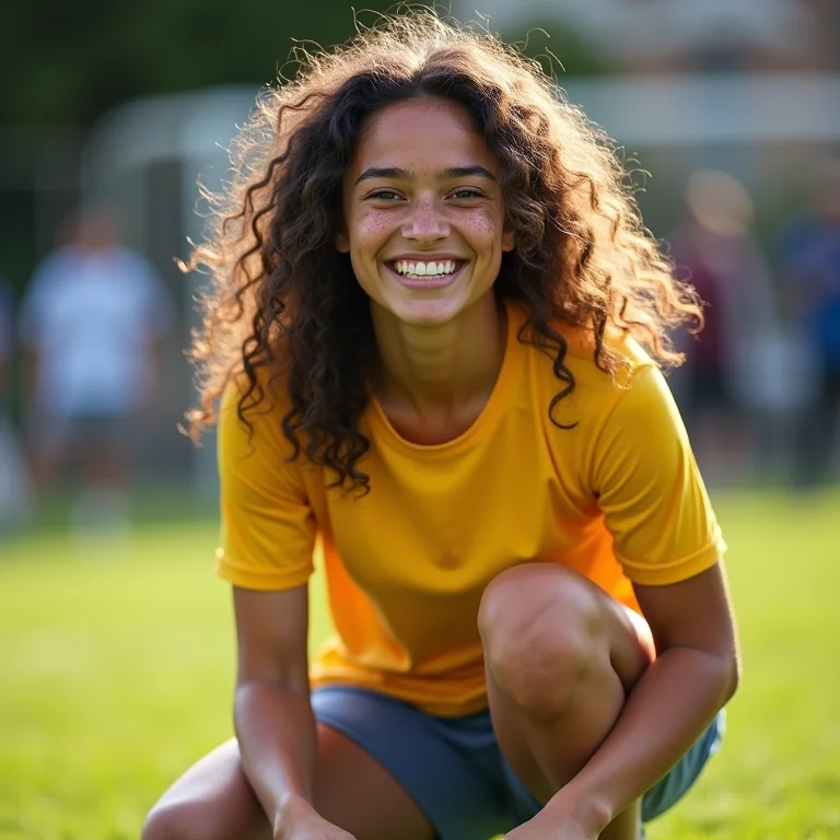 Mulher branca sorrindo e amarrando os cadarços antes de jogar futebol de rua.
