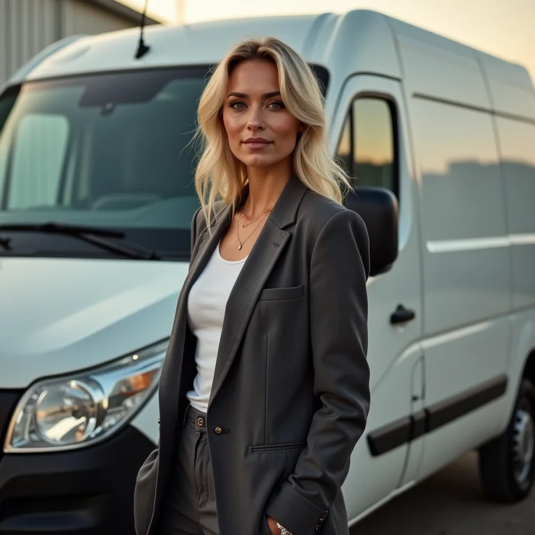 Mulher branca sorrindo em frente a carro forte médio