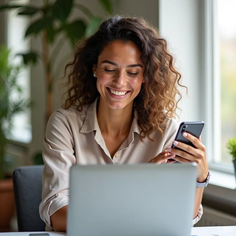 Mulher branca sorrindo enquanto confere algo no celular