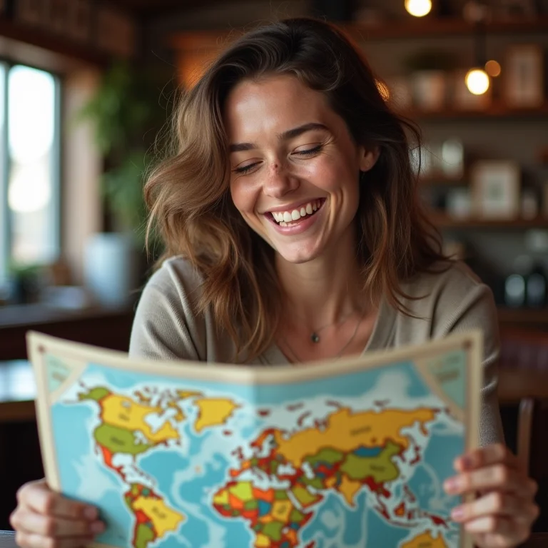 Mulher branca sorrindo enquanto planeja uma viagem responsável.