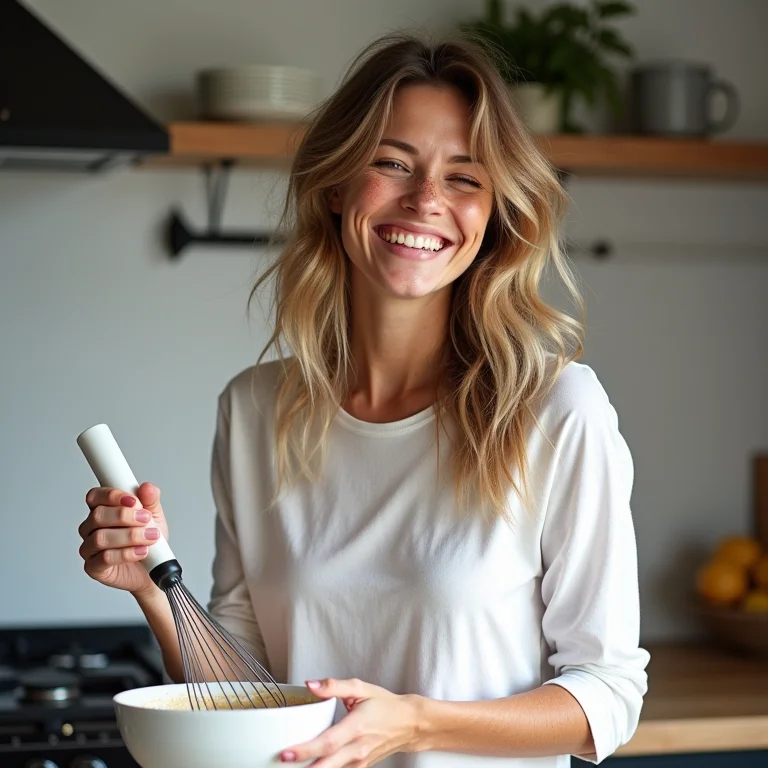 Mulher branca sorrindo enquanto prepara bolo na cozinha