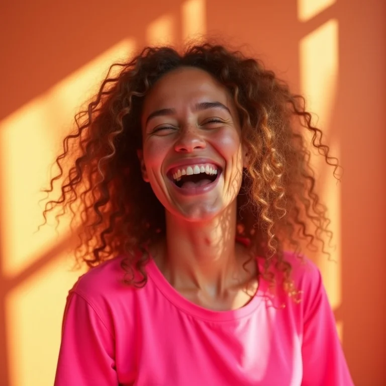 Mulher branca sorrindo usando um top neon rosa