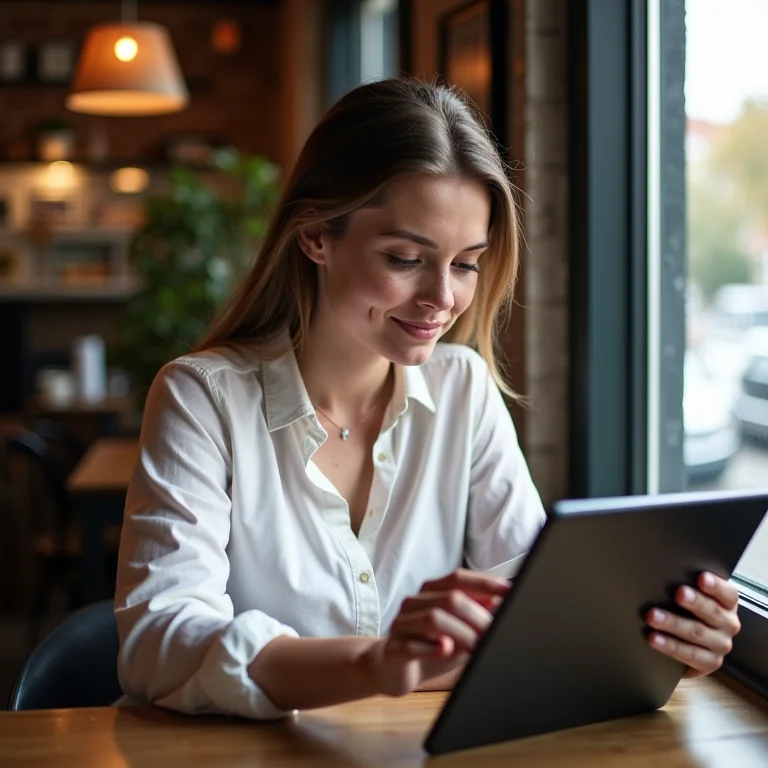 Mulher branca testando ferramentas pagas de design em tablet