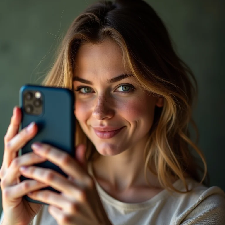 Mulher branca tirando foto com iPhone destacando a câmera
