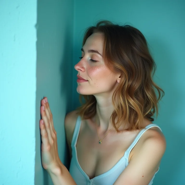 Mulher branca tocando parede azul.