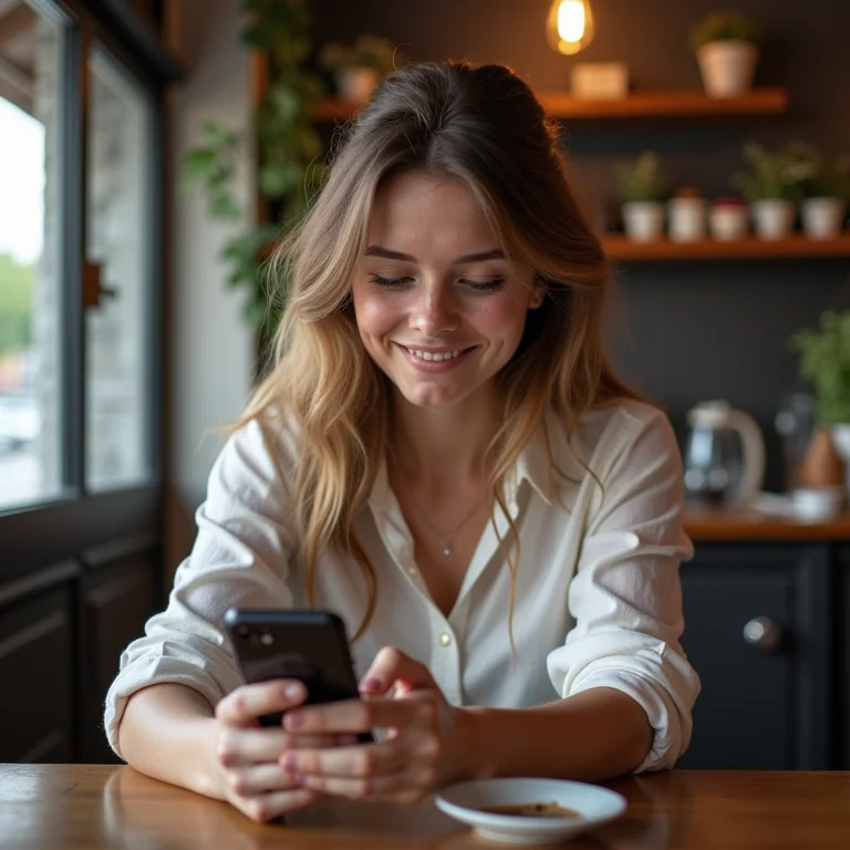 Mulher branca trabalhando remotamente usando Wi-Fi do celular