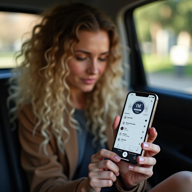 Mulher branca usando aplicativo de rádio FM no celular