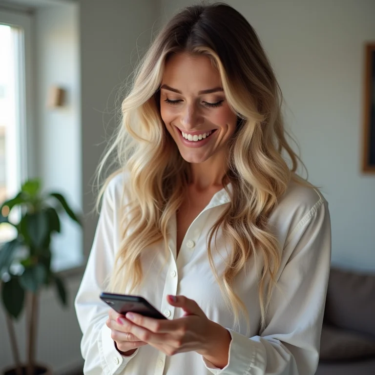 Mulher branca usando celular com bom desempenho