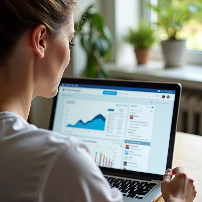 Mulher branca usando dashboard de gerenciamento de redes sociais com Foursquare integrado.