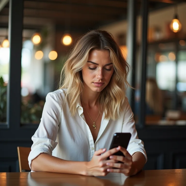 Mulher branca utiliza geolocalização para encontrar cafeteria próxima.
