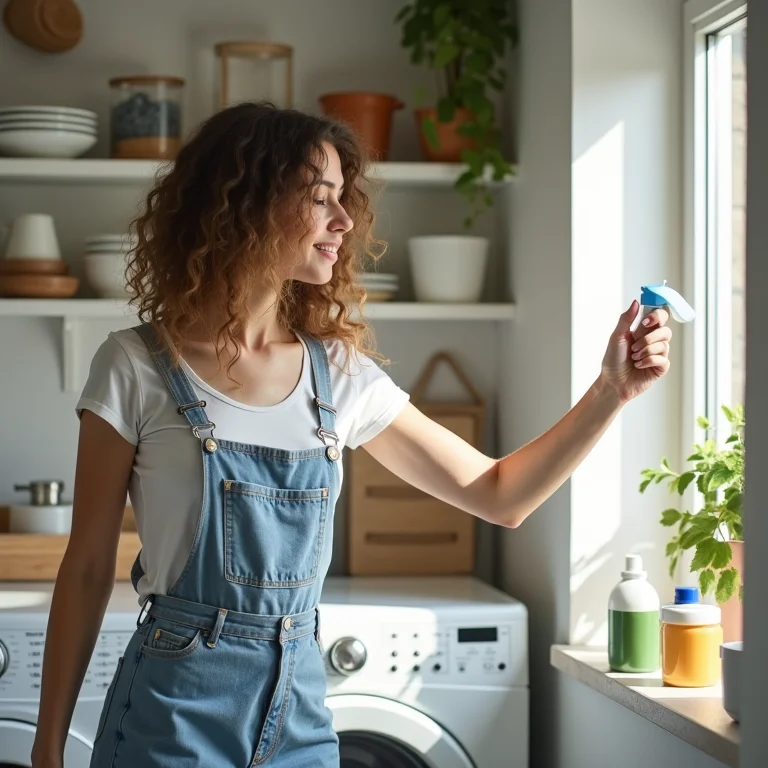 Mulher branca utilizando produtos de limpeza na área de serviço.
