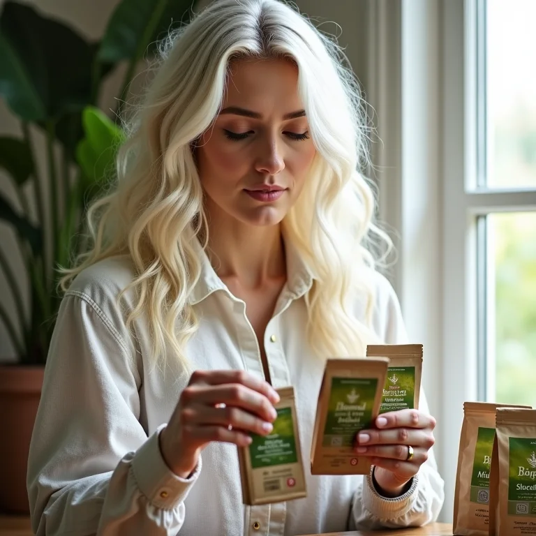 Mulher branca verificando certificações de qualidade em embalagens de chá