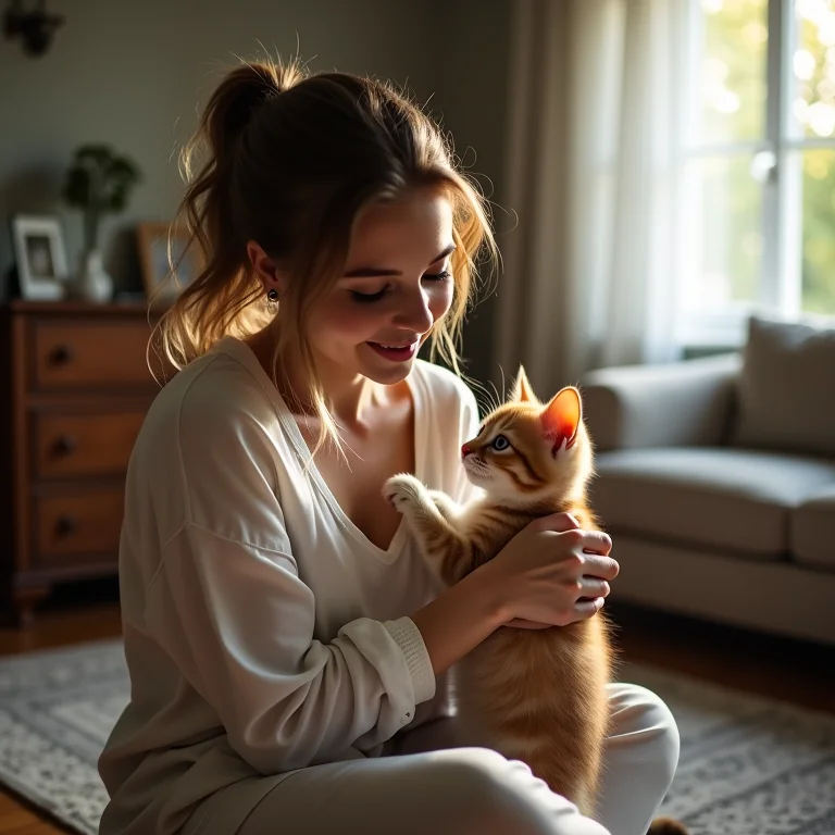 Mulher brincando com gatinho em casa