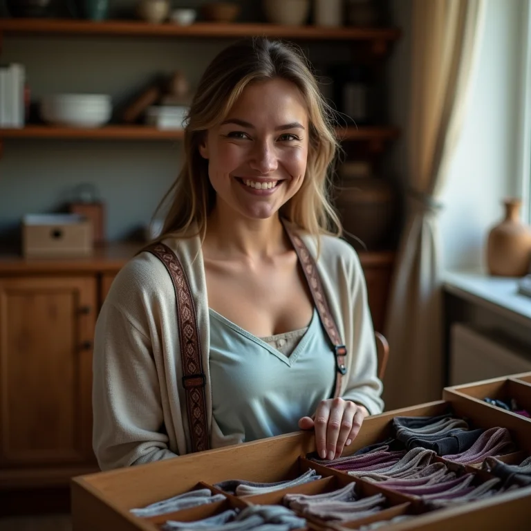Mulher categorizando suspensórios na gaveta