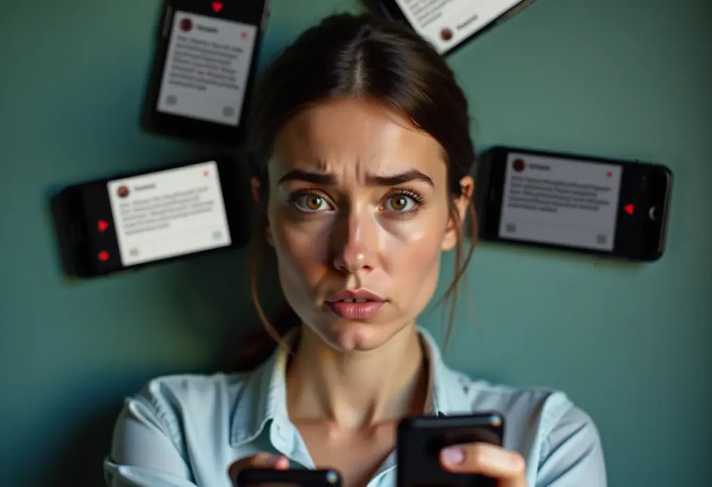 Mulher cercada por smartphones com notificações de spam