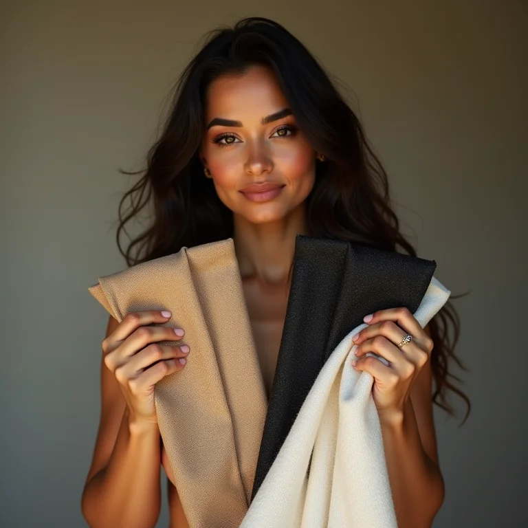 Mulher comparando cortinas blackout claras e escuras