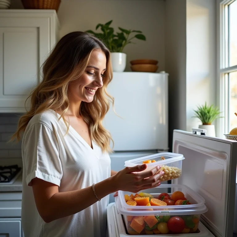 Mulher congelando restos de comida