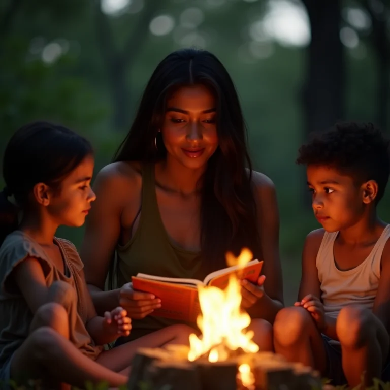 Mulher contando histórias do Bumba Meu Boi para crianças.
