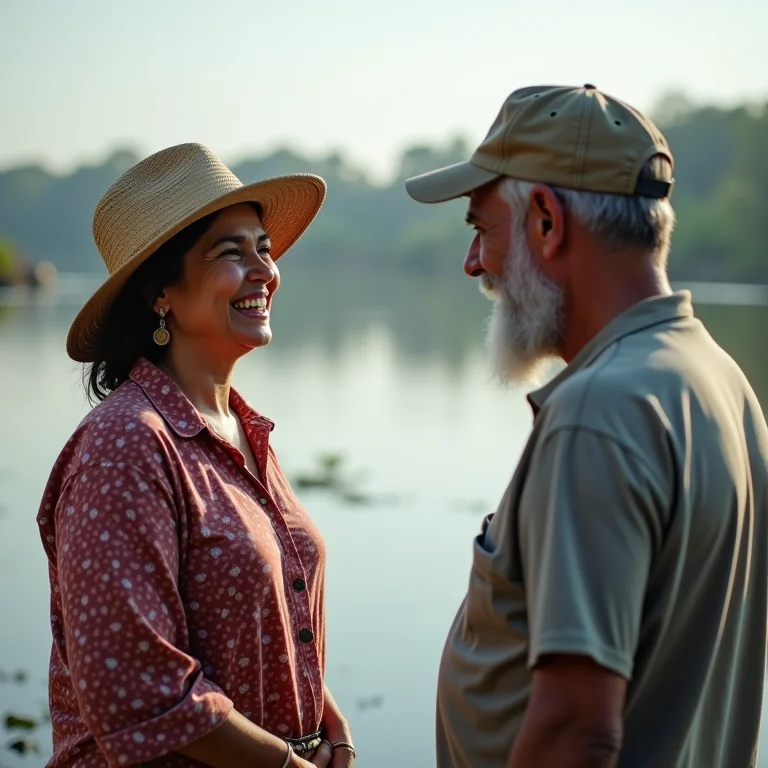 Mulher conversando com pescador local na vila de Piaçabuçu