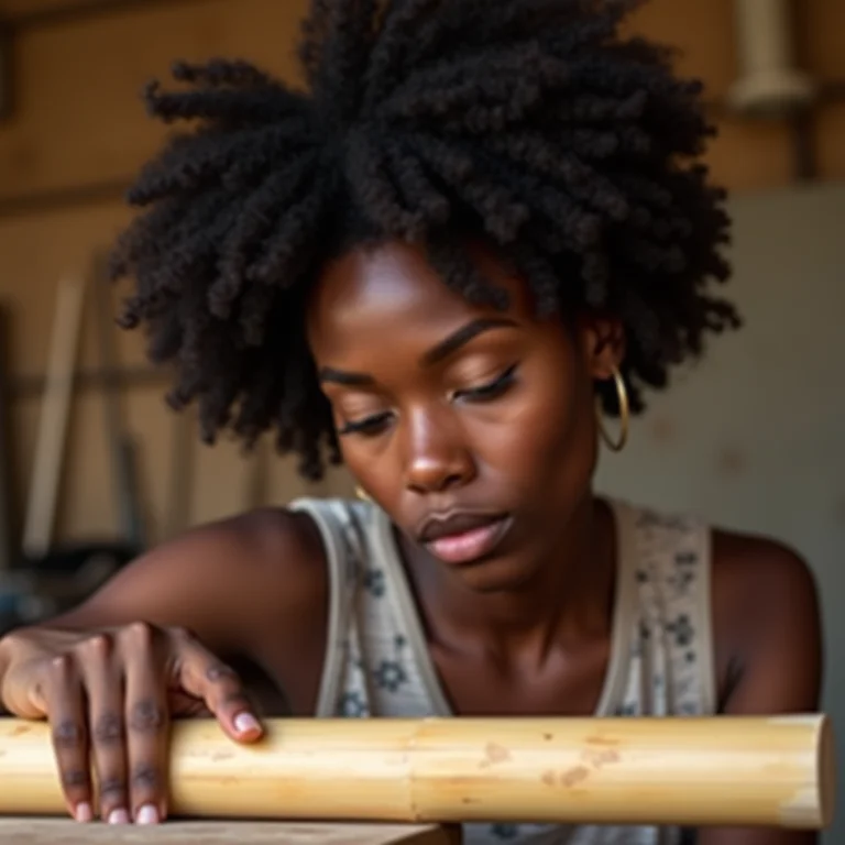 Mulher criando um porta-chaves de bambu
