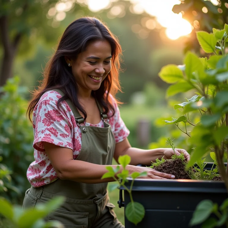 Mulher cuidando de composteira doméstica