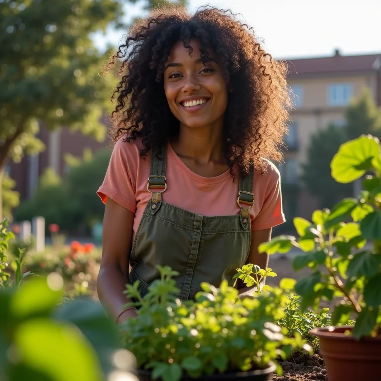 Mulher cuidando de sua horta urbana.