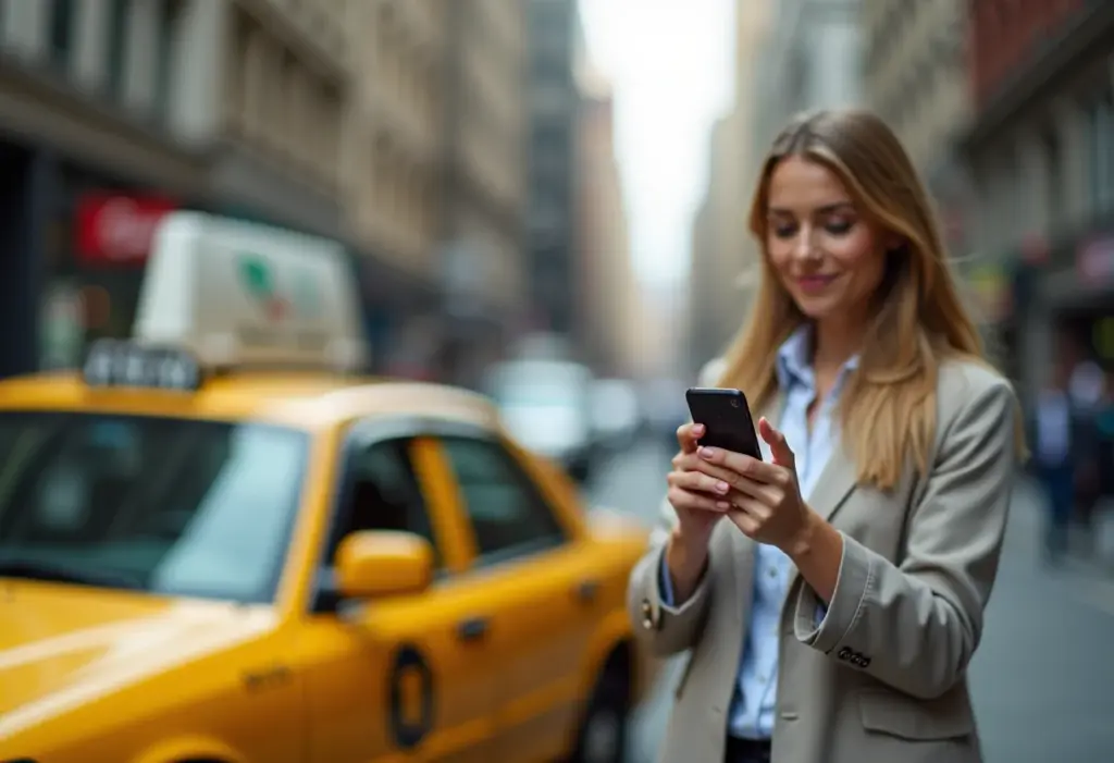Mulher decidindo entre táxi e Uber para economizar na corrida.