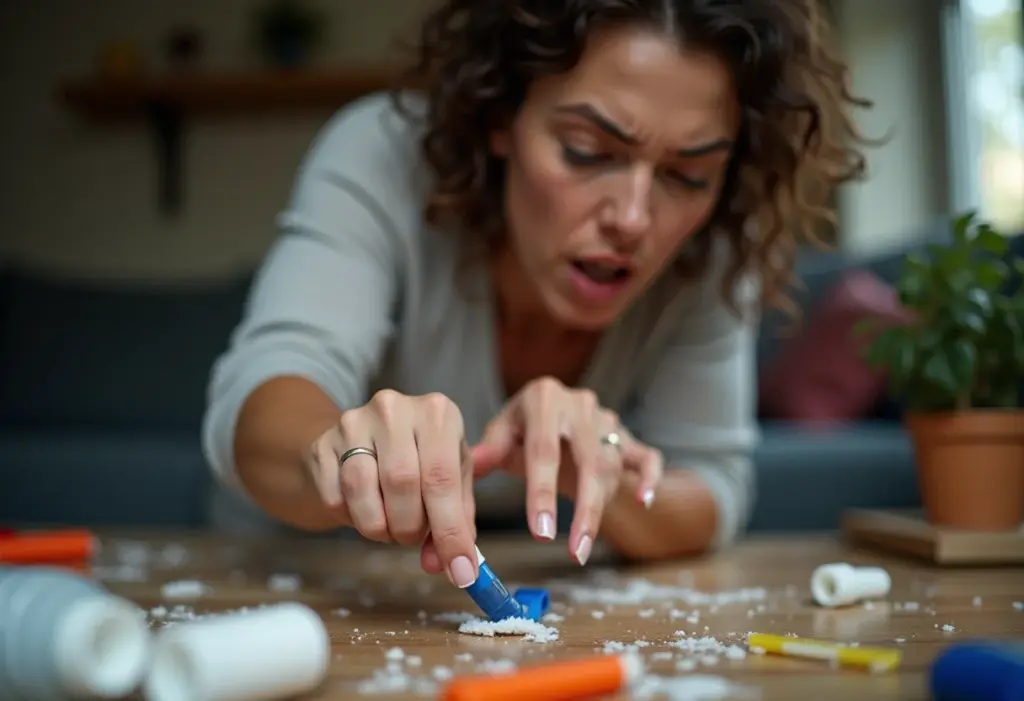 Mulher desesperada tentando remover Super Bonder dos dedos