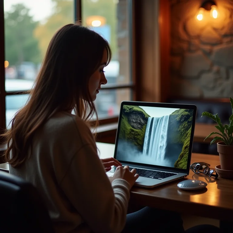Mulher editando foto das Cataratas no laptop em um café