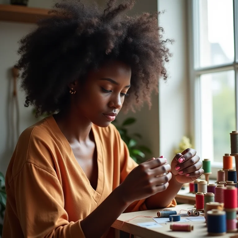 Mulher escolhendo linha para costura