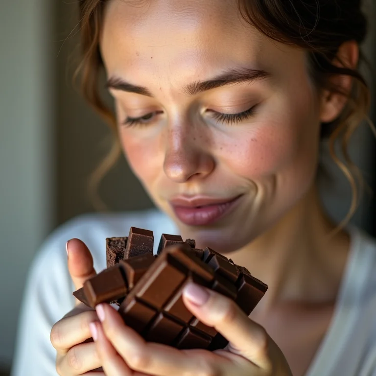 Mulher examinando diferentes tipos de barras de chocolate.