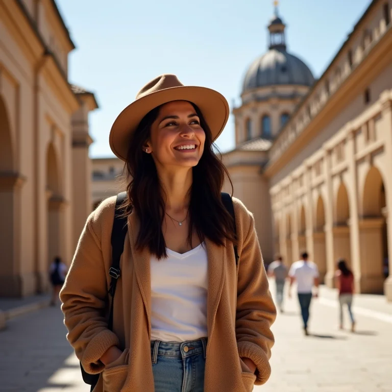 Mulher explorando atrações turísticas em uma cidade sede da Copa do Mundo.