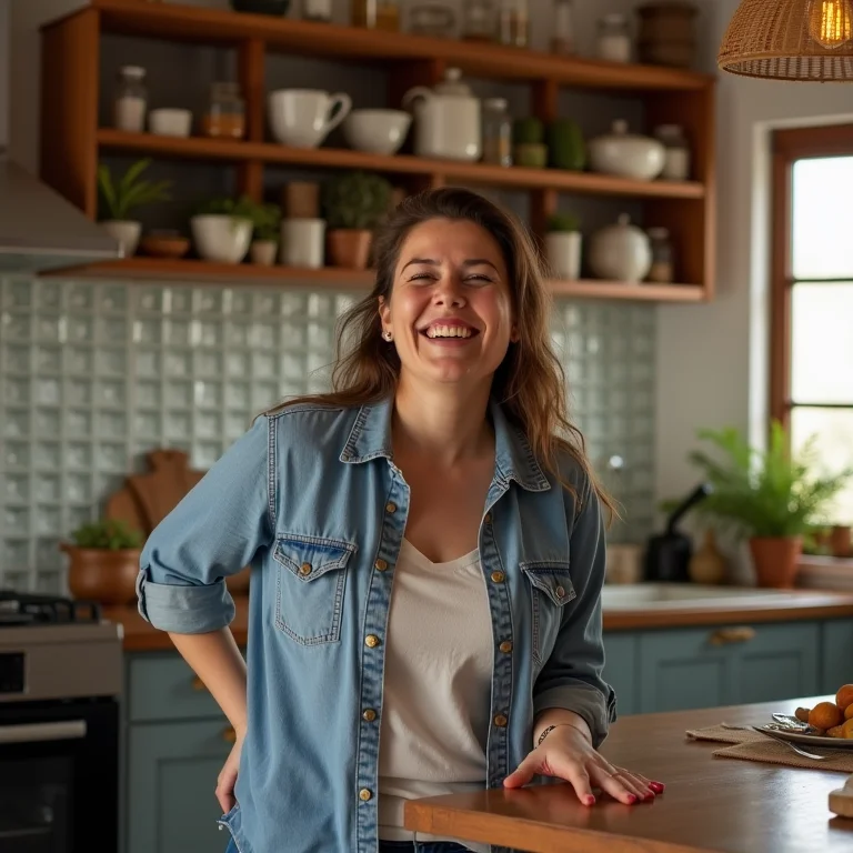 Mulher feliz com seu balcão de tijolos de vidro.