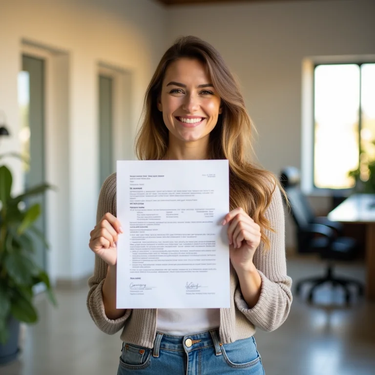 Mulher feliz segurando documento de aprovação de crédito.
