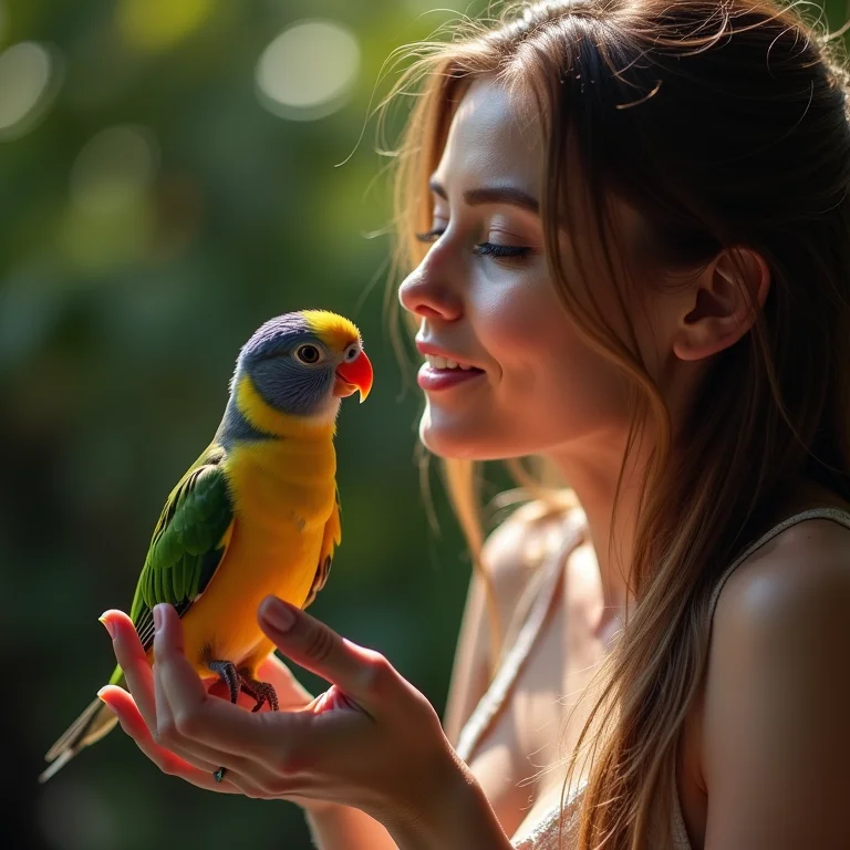 Mulher gorda alimentando passarinho de estimação