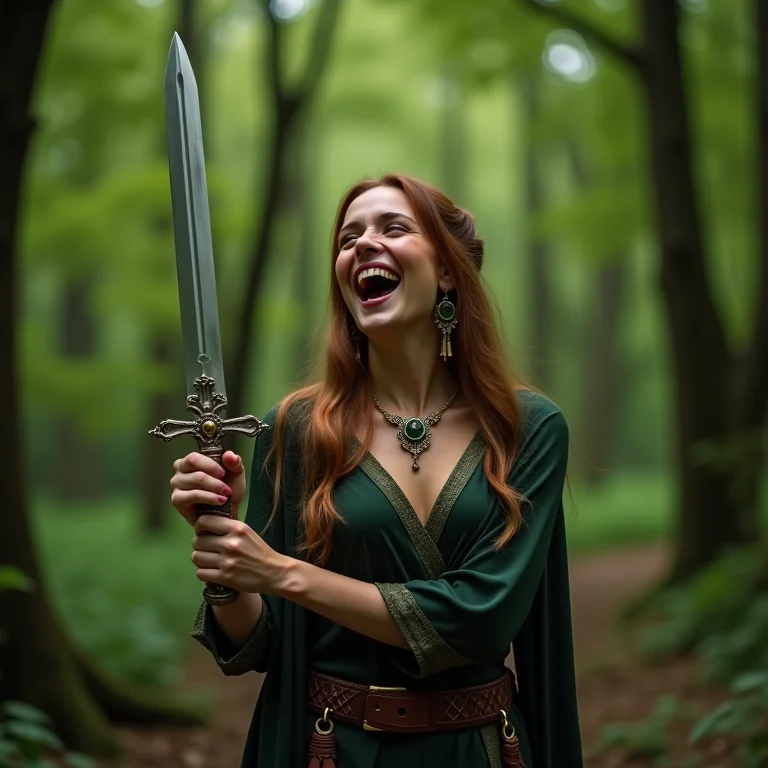 Mulher gorda com espada e amuleto em floresta verde